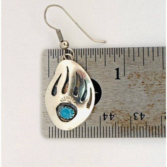 Estate Sterling Silver Bear Paw Turquoise Gem Dangle Earrings 925 Native Style - Picture 7 of 8
